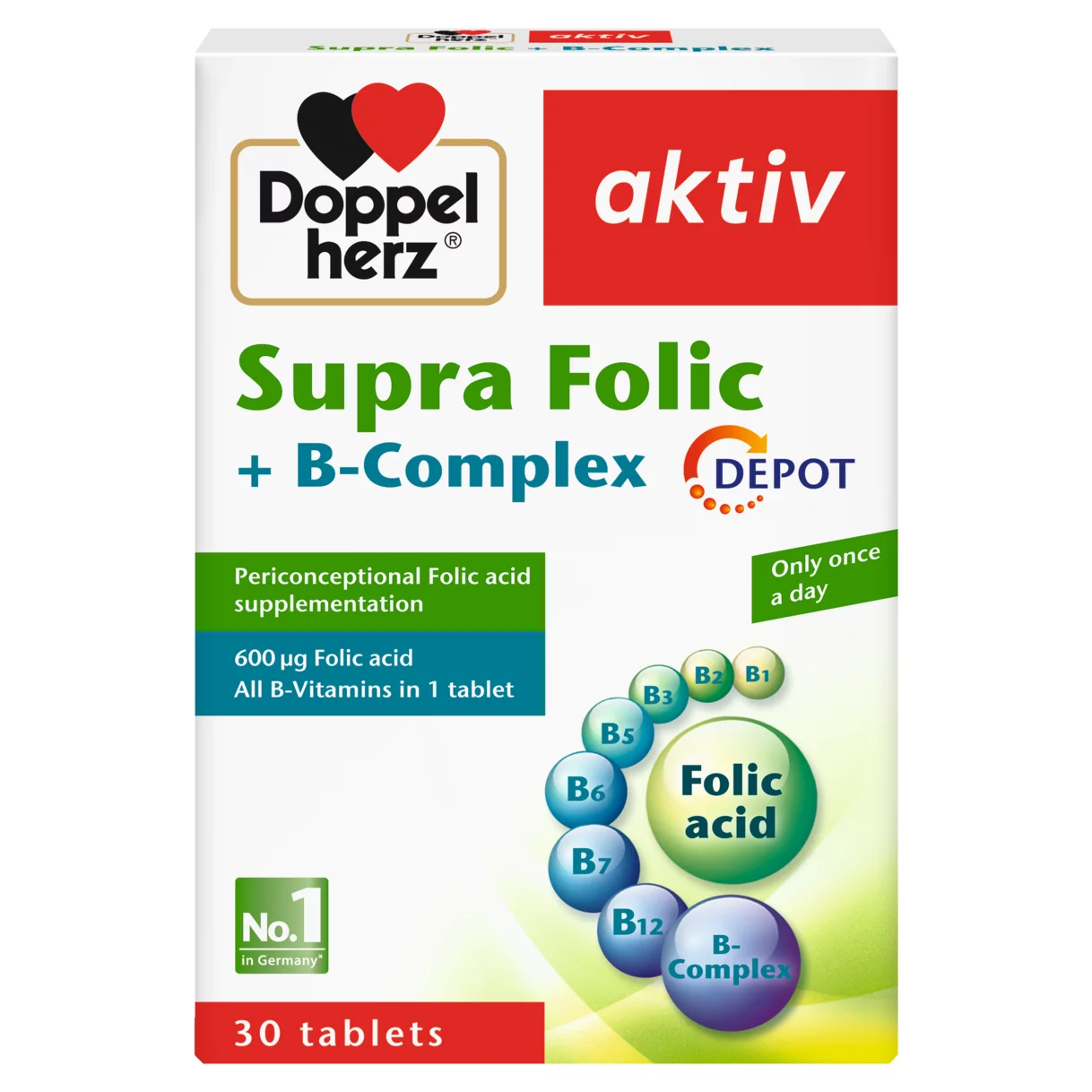 Illustration of the product packaging Doppelherz aktiv Supra Folic + B-Complex front view